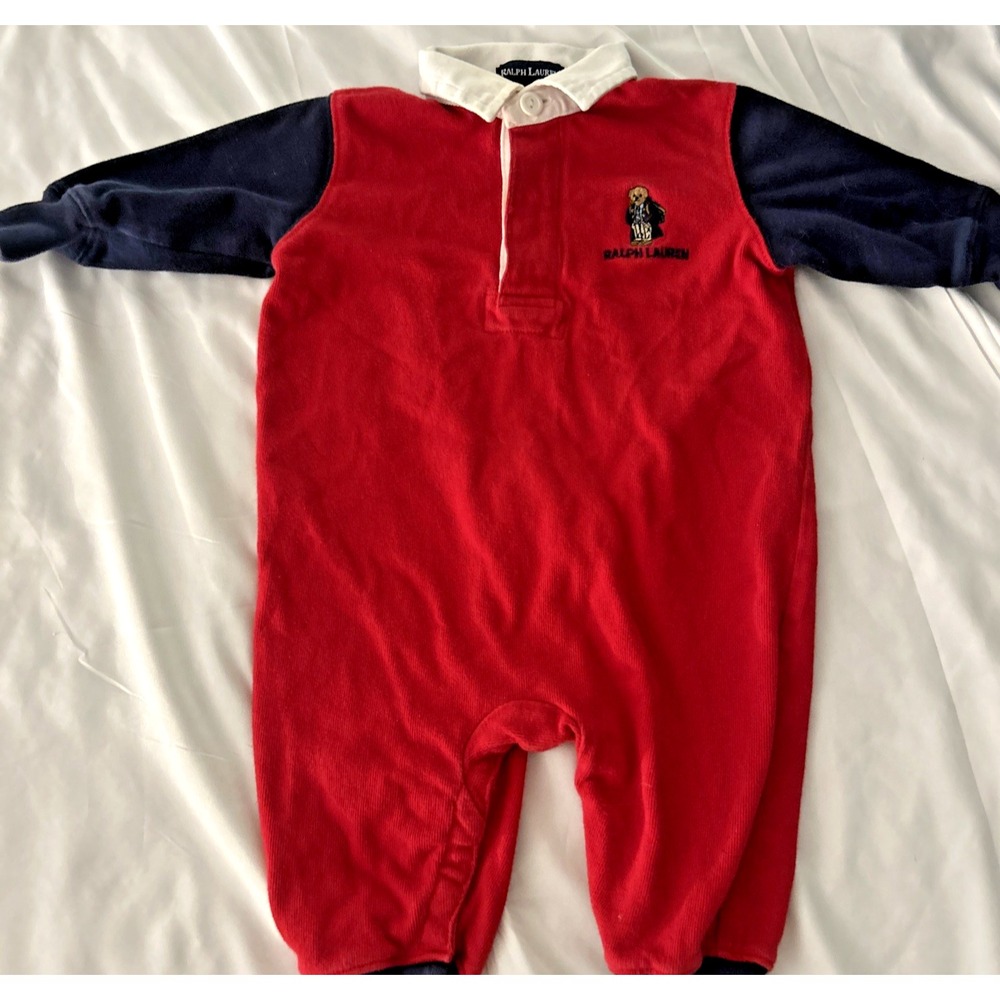 Vintage Ralph Lauren Polo Bear Logo One Piece Romper Sz 3-6M Red Long Sleeve Y2K